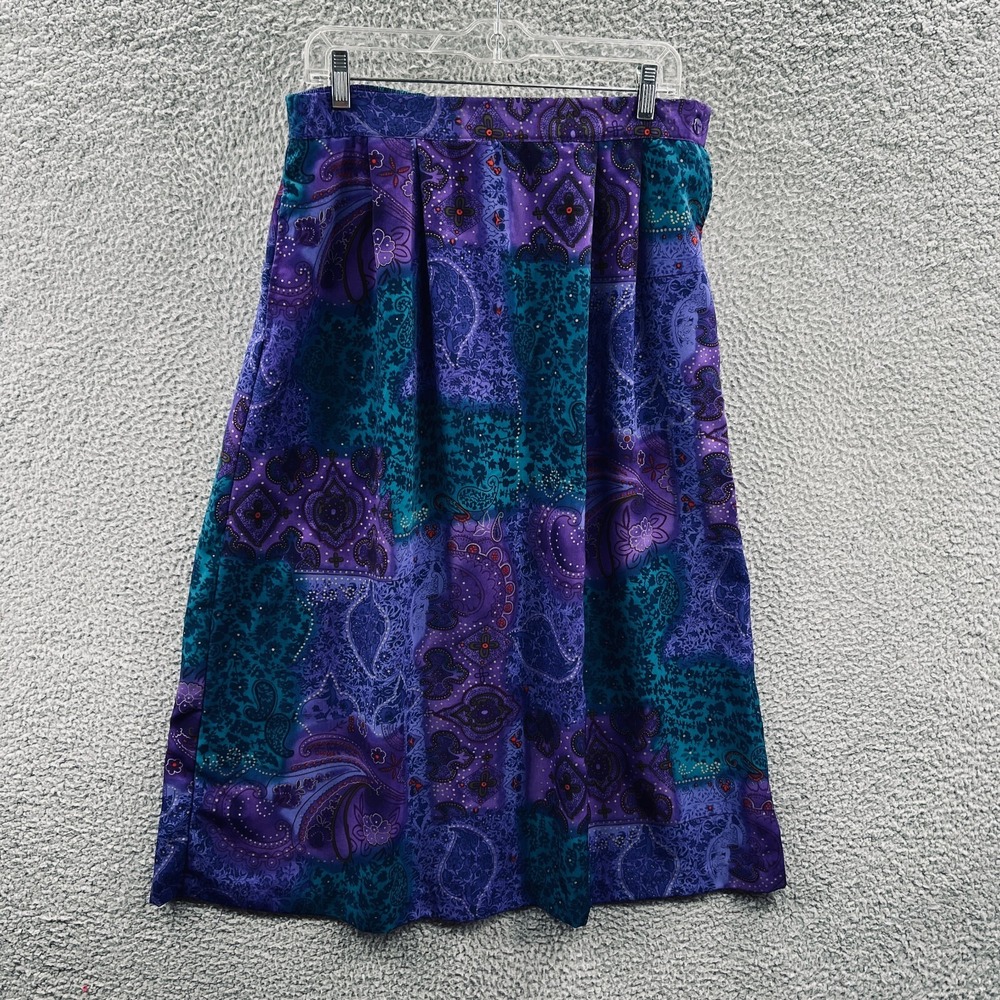 Womens Boho Patchwork Midi Skirt L Paisley Shimmer Festival Artsy Flowy Eclectic